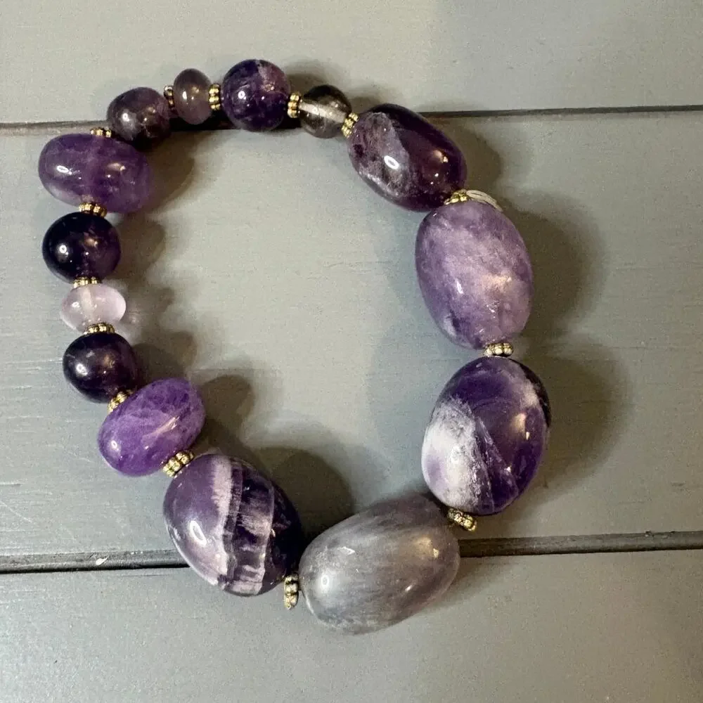 Chunky Amethyst Stone Bead Stretch Bracelet Purple